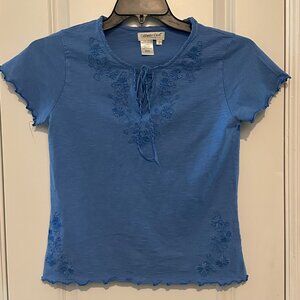 Coldwater Creek Blue Embroidered Cotton Short Sleeve Tie Neck Top S
